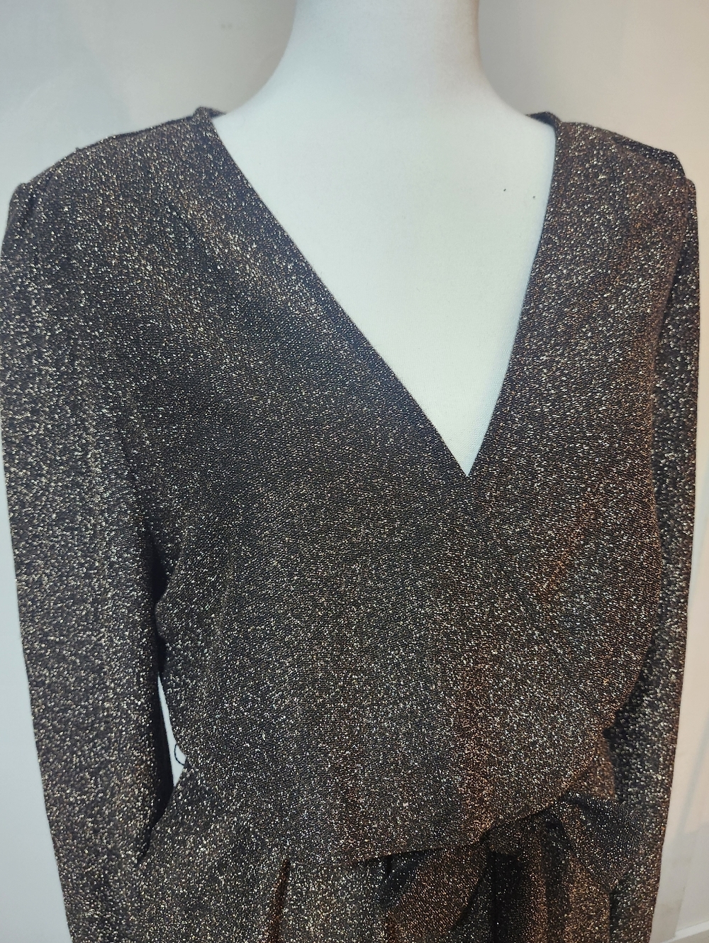 Devoted Sparkle Long Sleeve Tie-Waist V-Neck Mini Dress - Brown/Gold - Picture 4 of 10
